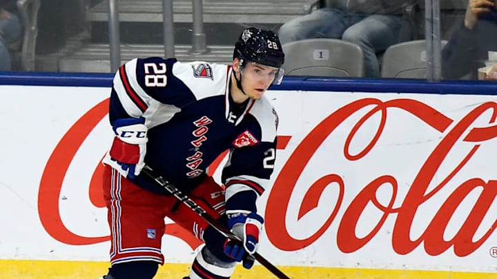 TORONTO, ON - OCTOBER 20: Lias Andersson #28 of the Hartford Wolf Pack controls the puck against the Toronto Marlies during AHL game action on October 20, 2018 at Coca-Cola Coliseum in Toronto, Ontario, Canada. (Photo by Graig Abel/Getty Images)