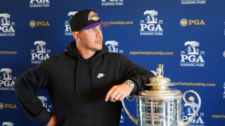 SAN FRANCISCO, CALIFORNIA - FEBRUARY 17: Brooks Koepka poses with the Wanamaker Trophy at a press conference during PGA Championship Media Day at Oracle Park on February 17, 2020 in San Francisco, California. (Photo by Daniel Shirey/Getty Images for Fleishman)