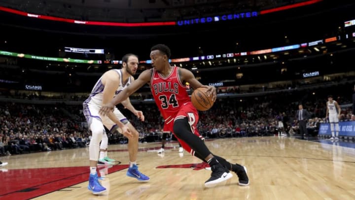 Chicago Bulls forward Wendell Carter Jr. (34) drives against Sacramento Kings center Kosta Koufos (41) during the first half at the United Center Monday Dec. 10, 2018, in Chicago. (Armando L. Sanchez/Chicago Tribune/TNS via Getty Images)
