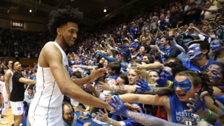 DURHAM, NC – MARCH 03: Marvin Bagley III #35 of the Duke Blue Devils celebrates with the fans after defeating the North Carolina Tar Heels 74-64 at Cameron Indoor Stadium on March 3, 2018 in Durham, North Carolina. (Photo by Streeter Lecka/Getty Images)