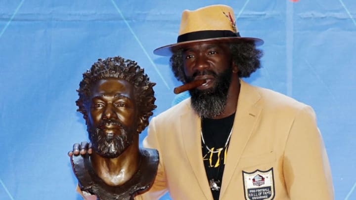 CANTON, OH - AUGUST 03: Ed Reed with his bust during his enshrinement into the Pro Football Hall of Fame at Tom Benson Hall Of Fame Stadium on August 3, 2019 in Canton, Ohio. (Photo by Joe Robbins/Getty Images)