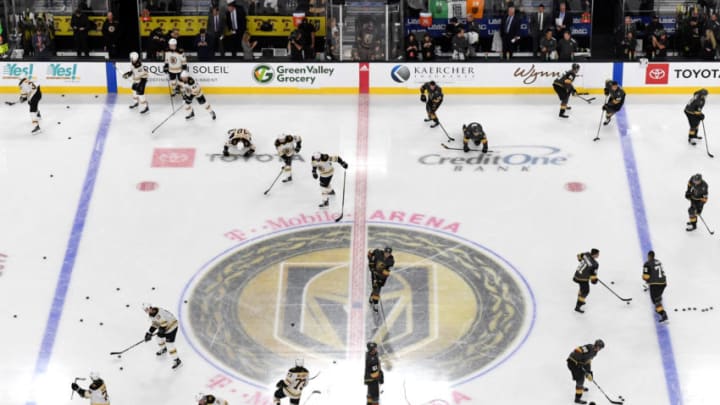 A general view shows the Boston Bruins and the Vegas Golden Knights warming up. (Photo by Ethan Miller/Getty Images)