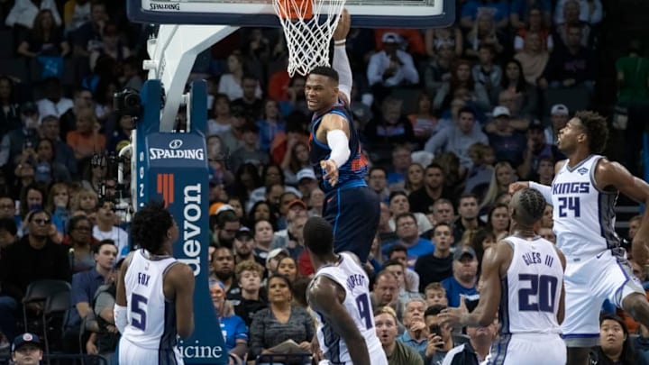 OKLAHOMA CITY, OK - OCTOBER 21: Russell Westbrook #0 of the Oklahoma City Thunder reacts after scoring two points against the Sacramento Kings during the second half of a NBA game at the Chesapeake Energy Arena on October 21, 2018 in Oklahoma City, Oklahoma. NOTE TO USER: User expressly acknowledges and agrees that, by downloading and or using this photograph, User is consenting to the terms and conditions of the Getty Images License Agreement. (Photo by J Pat Carter/Getty Images)