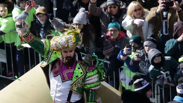 Feb. 8, 2018: Philadelphia Eagles center Jason Kelce waves to the crowd during a parade celebrating their Super Bowl LII victory in Philadelphia.