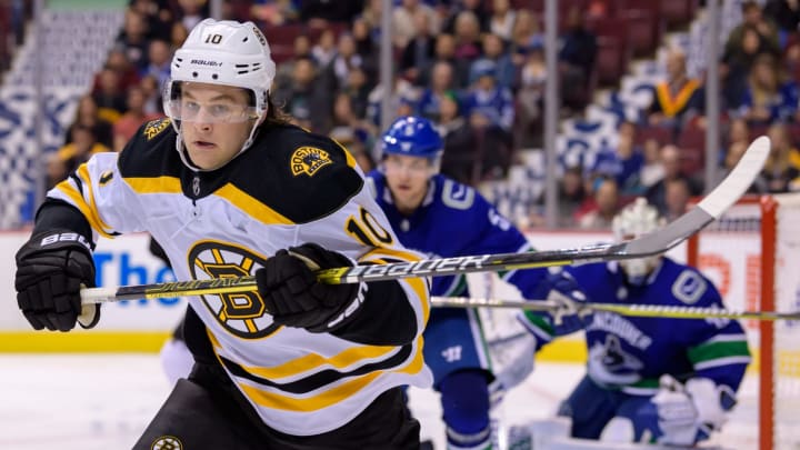 VANCOUVER, BC - OCTOBER 20: Boston Bruins left wing Anders Bjork (10) skates to the play during their NHL game against the Vancouver Canucks at Rogers Arena on October 20, 2018 in Vancouver, British Columbia, Canada. Vancouver won 2-1. (Photo by Derek Cain/Icon Sportswire via Getty Images)