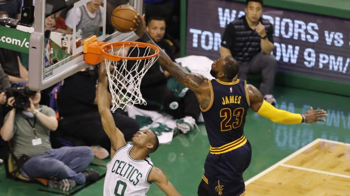 May 19, 2017; Boston, MA, USA; Cleveland Cavaliers forward LeBron James (23) blocks the shot of Boston Celtics guard Avery Bradley (0) during the first quarter in game two of the Eastern conference finals of the NBA Playoffs at TD Garden. Mandatory Credit: David Butler II-USA TODAY Sports