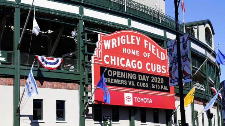 CHICAGO, ILLINOIS - JULY 24: The Wrigley Field Marquee sign announcing opening day of baseball between the Milwaukee Brewers and the Chicago Cubs at Wrigley Field on July 24, 2020 in Chicago, Illinois. The 2020 season had been postponed since March due to the COVID-19 pandemic (Photo by Justin Casterline/Getty Images)