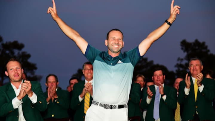 AUGUSTA, GA - APRIL 09: Sergio Garcia of Spain celebrates during the Green Jacket ceremony after he won in a playoff during the final round of the 2017 Masters Tournament at Augusta National Golf Club on April 9, 2017 in Augusta, Georgia. (Photo by Harry How/Getty Images) AUGUSTA, GA - APRIL 09: Sergio Garcia of Spain celebrates during the Green Jacket ceremony after he won in a playoff during the final round of the 2017 Masters Tournament at Augusta National Golf Club on April 9, 2017 in Augusta, Georgia. (Photo by Harry How/Getty Images)
