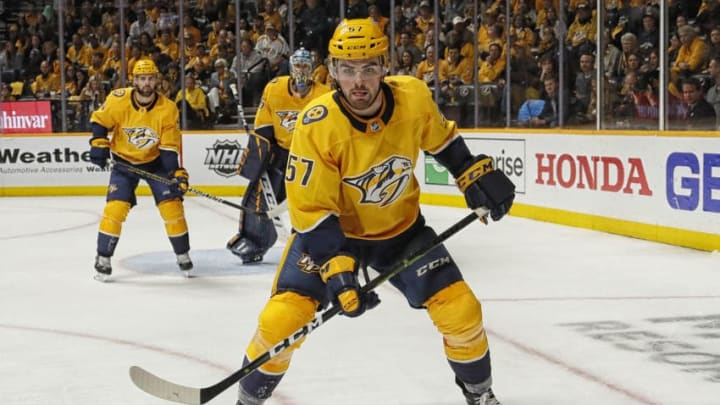 NASHVILLE, TENNESSEE - APRIL 20: Dante Fabbro #57 of the Nashville Predators plays against the Dallas Stars during the second period of Game Five of the Western Conference First Round during the 2019 NHL Stanley Cup Playoffs at Bridgestone Arena on April 20, 2019 in Nashville, Tennessee. (Photo by Frederick Breedon/Getty Images)