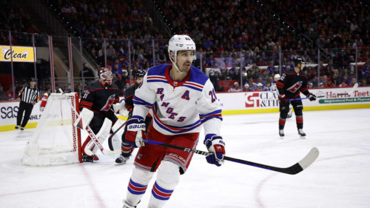RALEIGH, NORTH CAROLINA - FEBRUARY 11: Chris Kreider #20 of the New York Rangers skates during the third period of the game against the Carolina Hurricanes at PNC Arena on February 11, 2023 in Raleigh, North Carolina. (Photo by Jared C. Tilton/Getty Images)