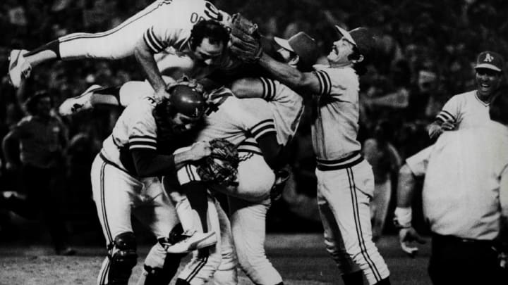 OAKLAND, CA – OCTOBER 17, 1974: The Oakland Athletics celebrate after they won 3-2 against the Los Angeles Dodgers in Game Five of the 1974 World Series on October 17, 1974 at Oakland-Alameda County Coliseum in Oakland, California. (Photo by Sporting News via Getty Images)