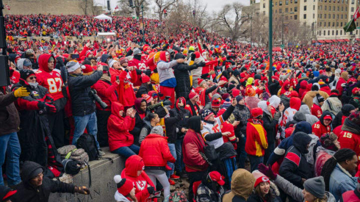 KANSAS CITY, MO - FEBRUARY 05: Fans do the tomahawk chop during the Kansas City Chiefs Victory Parade on February 5, 2020 in Kansas City, Missouri. (Photo by Kyle Rivas/Getty Images)