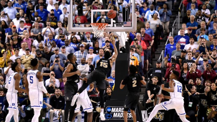 COLUMBIA, SC - MARCH 24: Aubrey Dawkins #15 of the Central Florida Knights puts up a shot as time expires in their game against the Duke Blue Devils during the second round of the 2019 NCAA Men's Basketball Tournament at Colonial Life Arena on March 24, 2019 in Columbia, South Carolina. Duke won 77-76. (Photo by Lance King/Getty Images)