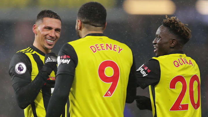 WATFORD, ENGLAND - DECEMBER 15: Jose Holebas of Watford celebrates with teammates after scoring his team's second goal during the Premier League match between Watford FC and Cardiff City at Vicarage Road on December 15, 2018 in Watford, United Kingdom. (Photo by Richard Heathcote/Getty Images)