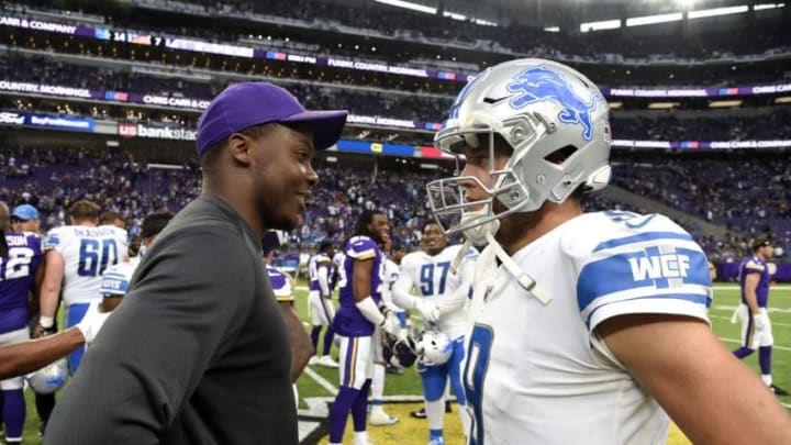 MINNEAPOLIS, MN - OCTOBER 1: Matthew Stafford #9 of the Detroit Lions and Teddy Bridgewater #5 of the Minnesota Vikings greet each other after the game on October 1, 2017 at U.S. Bank Stadium in Minneapolis, Minnesota. The Lions defeated the Vikings 14-7. (Photo by Hannah Foslien/Getty Images)
