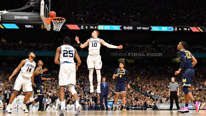 SAN ANTONIO, TX – APRIL 02: Donte DiVincenzo #10 of the Villanova Wildcats watches his shot against the Michigan Wolverines during the first half in the 2018 NCAA Men’s Final Four National Championship game at the Alamodome on April 2, 2018 in San Antonio, Texas. The Villanova Wildcats defeated the Michigan Wolverines 79-62. (Photo by Jamie Schwaberow/NCAA Photos via Getty Images)