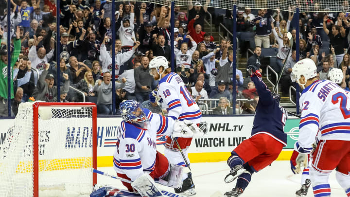 COLUMBUS, OH – OCTOBER 13: Columbus Blue Jackets left wing Artemi Panarin (9) scores a goal during the third period in a game between the Columbus Blue Jackets and the New York Rangers on October 13, 2017, at Nationwide Arena in Columbus, OH.(Photo by Adam Lacy/Icon Sportswire via Getty Images)
