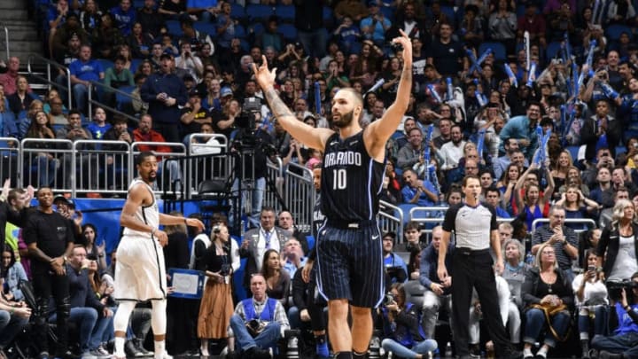 ORLANDO, FL - JANUARY 18: Evan Fournier #10 of the Orlando Magic reacts to a play during the game against the Brooklyn Nets on January 18, 2019 at Amway Center in Orlando, Florida. NOTE TO USER: User expressly acknowledges and agrees that, by downloading and or using this photograph, User is consenting to the terms and conditions of the Getty Images License Agreement. Mandatory Copyright Notice: Copyright 2019 NBAE (Photo by Fernando Medina/NBAE via Getty Images)