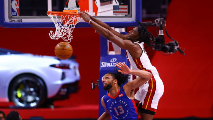 Precious Achiuwa #5 of the Miami Heat dunks the ball over Jahlil Okafor #13 of the Detroit Pistons(Photo by Rey Del Rio/Getty Images)