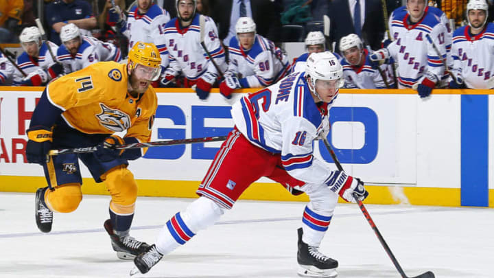 NASHVILLE, TENNESSEE - DECEMBER 29: Ryan Strome #16 of the New York Rangers skates past Mattias Ekholm #14 of the Nashville Predators for a breakaway chance during the second period at Bridgestone Arena on December 29, 2018 in Nashville, Tennessee. (Photo by Frederick Breedon/Getty Images)