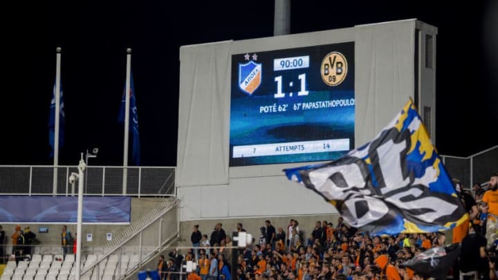 NICOSIA, CYPRUS - OCTOBER 17: The scoreboard after the final whistle during the UEFA Champions League group H match between APOEL Nikosia and Borussia Dortmund at GSP Stadium on October 17, 2017 in Nicosia, Cyprus. (Photo by Alexandre Simoes/Borussia Dortmund/Getty Images)