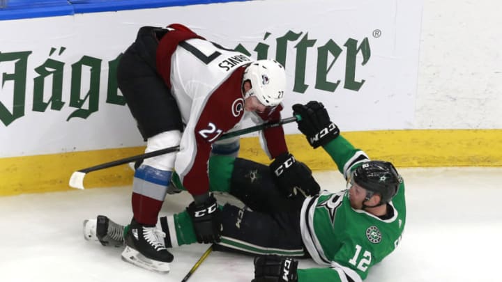 Ryan Graves #27 of the Colorado Avalanche and Radek Faksa #12 of the Dallas Stars (Photo by Jeff Vinnick/Getty Images)