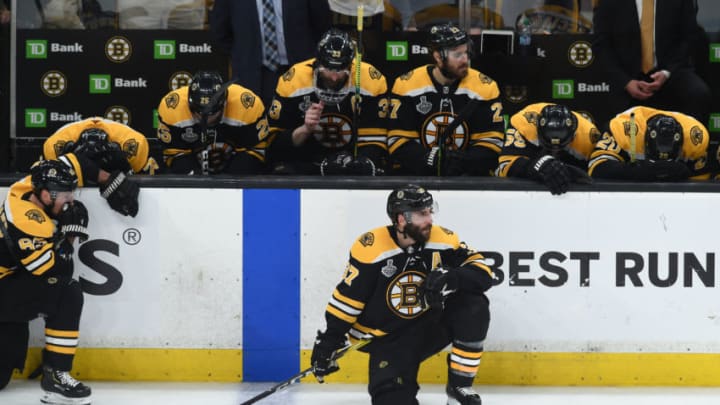 BOSTON, MA - JUNE 12: The Boston Bruins hang their heads after the loss against the St. Louis Blues in Game Seven of the Stanley Cup Final during the 2019 NHL Stanley Cup Playoffs at the TD Garden on June 12, 2019 in Boston, Massachusetts. (Photo by Steve Babineau/NHLI via Getty Images)