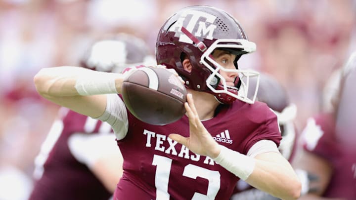 COLLEGE STATION, TEXAS - SEPTEMBER 03: Haynes King #13 of the Texas A&M Aggies looks to pass during the first half against the Sam Houston State Bearkats at Kyle Field on September 03, 2022 in College Station, Texas. (Photo by Carmen Mandato/Getty Images)