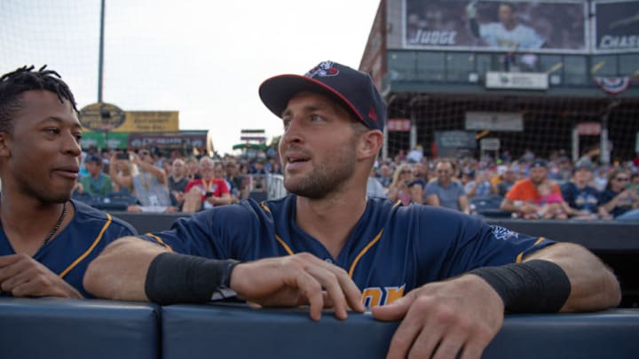 TRENTON, NJ - JULY 11: Tim Tebow #15 of the Eastern Division All-Stars in the dugout with teammates during the 2018 Eastern League All Star Game at Arm & Hammer Park on July 11, 2018 in Trenton, New Jersey. (Photo by Mark Brown/Getty Images)