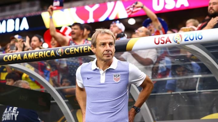 Jun 25, 2016; Glendale, AZ, USA; United States manager/head coach Jurgen Klinsmann against Colombia during the third place match of the 2016 Copa America Centenario soccer tournament at University of Phoenix Stadium. Mandatory Credit: Mark J. Rebilas-USA TODAY Sports