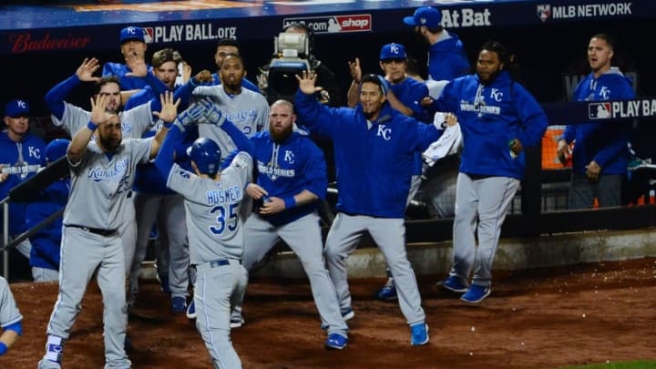 Nov 1, 2015; New York City, NY, USA; Kansas City Royals first baseman Eric Hosmer (35) celebrates with teammates after scoring a run against the New York Mets in the 9th inning in game five of the World Series at Citi Field. Mandatory Credit: Jeff Curry-USA TODAY Sports