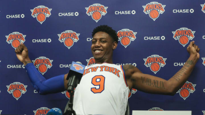 Sep 26, 2022; New York, NY, USA; New York Knicks guard RJ Barrett (9) speaks to the press at Knicks Content Day Mandatory Credit: Wendell Cruz-USA TODAY Sports