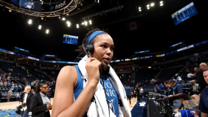 MINNEAPOLIS, MN- MAY 29: Napheesa Collier #24 of the Minnesota Lynx talks to the media after the game against the Seattle Storm on May 29, 2019 at the Target Center in Minneapolis, Minnesota NOTE TO USER: User expressly acknowledges and agrees that, by downloading and or using this photograph, User is consenting to the terms and conditions of the Getty Images License Agreement. Mandatory Copyright Notice: Copyright 2019 NBAE (Photo by David Sherman/NBAE via Getty Images)