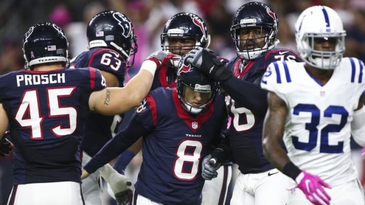 Oct 16, 2016; Houston, TX, USA; Houston Texans kicker Nick Novak (8) is congratulated after kicking a field goal during the second quarter against the Indianapolis Colts at NRG Stadium. Mandatory Credit: Troy Taormina-USA TODAY Sports