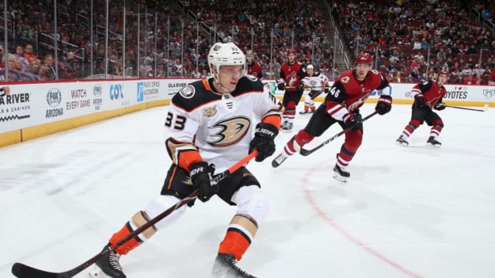 GLENDALE, ARIZONA - MARCH 14: Jakob Silfverberg #33 of the Anaheim Ducks during the second period of the NHL game against the Arizona Coyotes at Gila River Arena on March 14, 2019 in Glendale, Arizona. (Photo by Christian Petersen/Getty Images)