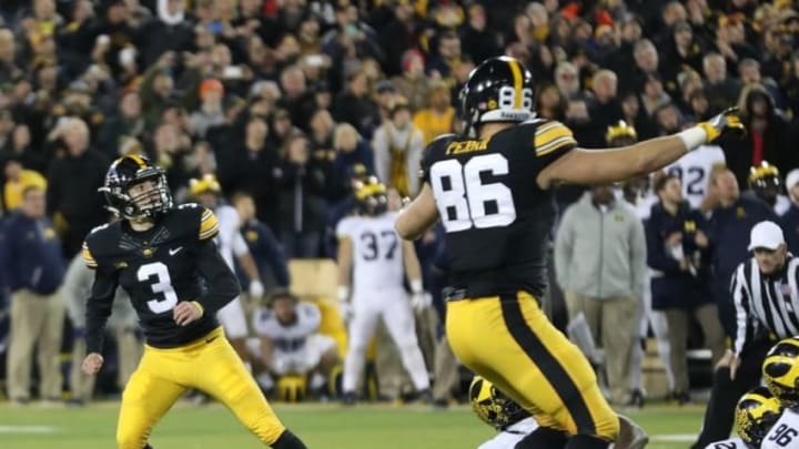 Nov 12, 2016; Iowa City, IA, USA; Iowa Hawkeyes place kicker Keith Duncan (3) watches his game winning field goal against the Michigan Wolverines at Kinnick Stadium. The Hawkeyes won 14-13. Mandatory Credit: Reese Strickland-USA TODAY Sports