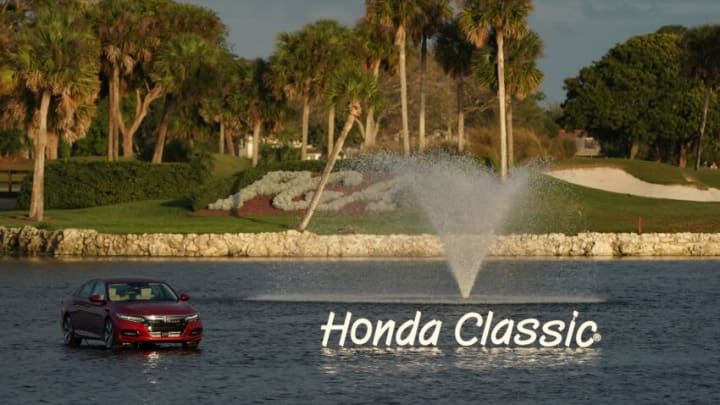 Feb 24, 2018; Palm Beach Gardens, FL, USA; A general view of the Honda Classic logo and car display in the lake during the third round of The Honda Classic golf tournament at PGA National (Champion). Mandatory Credit: Jasen Vinlove-USA TODAY Sports