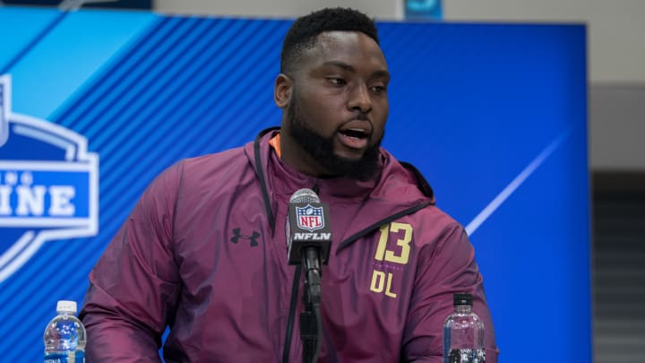 INDIANAPOLIS, IN – MARCH 03: Florida State defensive lineman Derrick Nnadi answers questions from the media during the NFL Scouting Combine on March 3, 2018 at the Indiana Convention Center in Indianapolis, IN. (Photo by Zach Bolinger/Icon Sportswire via Getty Images)