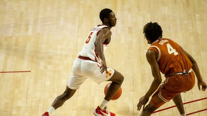 Iowa State’s Jalen Coleman-Lands brings the ball across the court during the Iowa State men’s basketball game against Texas on Tuesday, March 2, 2021, at Hilton Coliseum, in Ames.