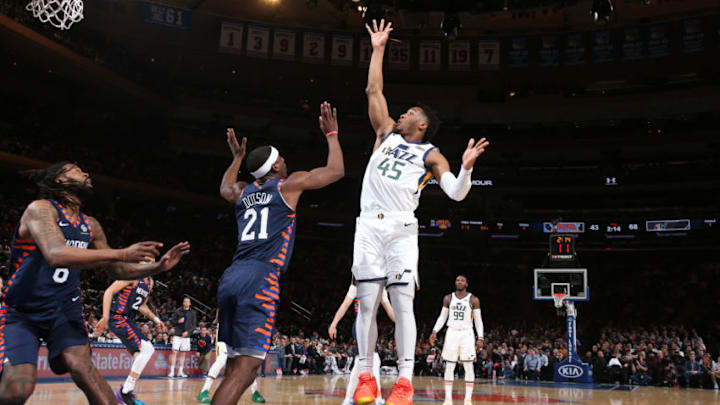 NEW YORK, NY - MARCH 20: Donovan Mitchell #45 of the Utah Jazz shoots the ball against the New York Knicks on March 20, 2019 at Madison Square Garden in New York City, New York. NOTE TO USER: User expressly acknowledges and agrees that, by downloading and or using this photograph, User is consenting to the terms and conditions of the Getty Images License Agreement. Mandatory Copyright Notice: Copyright 2019 NBAE (Photo by Nathaniel S. Butler/NBAE via Getty Images)