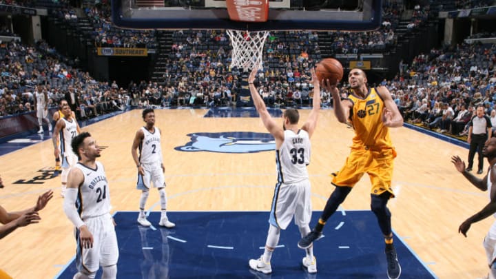 MEMPHIS, TN - MARCH 9: Rudy Gobert #27 of the Utah Jazz goes to the basket against the Memphis Grizzlies on March 9, 2018 at FedExForum in Memphis, Tennessee. NOTE TO USER: User expressly acknowledges and agrees that, by downloading and or using this photograph, User is consenting to the terms and conditions of the Getty Images License Agreement. Mandatory Copyright Notice: Copyright 2018 NBAE (Photo by Joe Murphy/NBAE via Getty Images)