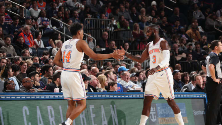 NEW YORK, NY - NOVEMBER 23: Tim Hardaway Jr. #3 and Allonzo Trier #14 of the New York Knicks high-five during a game against the New Orleans Pelicans on November 23, 2018 at Madison Square Garden in New York City, New York. NOTE TO USER: User expressly acknowledges and agrees that, by downloading and or using this photograph, User is consenting to the terms and conditions of the Getty Images License Agreement. Mandatory Copyright Notice: Copyright 2018 NBAE (Photo by Nathaniel S. Butler/NBAE via Getty Images)