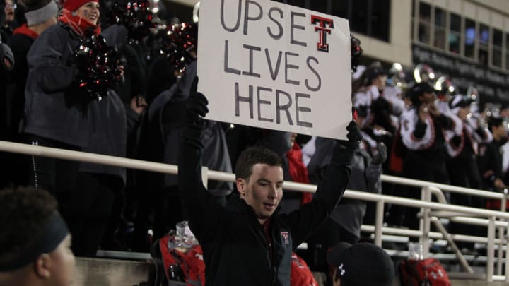 Nov 10, 2018; Lubbock, TX, USA; A Texas Tech Red Raiders fan shows his support for the team in the game against the Texas Longhorns at Jones AT&T Stadium. Mandatory Credit: Michael C. Johnson-USA TODAY Sports