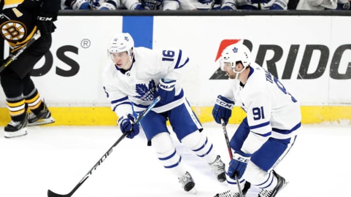 BOSTON, MA - APRIL 19: Toronto Maple Leafs right wing Mitchell Marner (16) and Toronto Maple Leafs center John Tavares (91) head up ice during Game 5 of the First Round Stanley Cup Playoffs between the Boston Bruins and the Toronto Maple Leafs on April 19, 2019, at TD garden in Boston, Massachusetts. (Photo by Fred Kfoury III/Icon Sportswire via Getty Images)