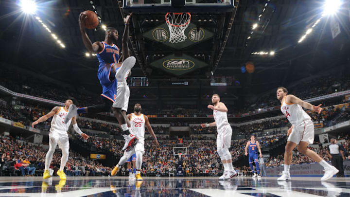 INDIANAPOLIS, IN - FEBRUARY 11: Emmanuel Mudiay #1 of the New York Knicks passes the ball against the Indiana Pacers on February 11, 2018 at Bankers Life Fieldhouse in Indianapolis, Indiana. Copyright 2018 NBAE (Photo by Ron Hoskins/NBAE via Getty Images)