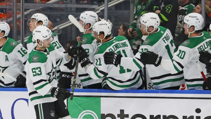 Mar 16, 2023; Edmonton, Alberta, CAN; The Dallas Stars celebrate a goal by forward Wyatt Johnson (53) during the third period against the Edmonton Oilers at Rogers Place. Mandatory Credit: Perry Nelson-USA TODAY Sports
