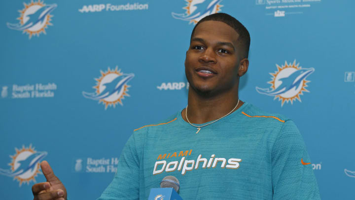 DAVIE, FL – MAY 5: Raekwon McMillan of the Miami Dolphins talks to the media during the rookie minicamp on May 5, 2017 at the Miami Dolphins training facility in Davie, Florida. McMillan, a linebacker from Ohio State, was the Dolphins 2nd round pick and the 54th overall selection in the NFL draft. (Photo by Joel Auerbach/Getty Images)