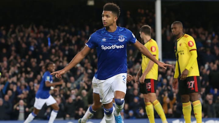 LIVERPOOL, ENGLAND - OCTOBER 29: Mason Holgate of Everton celebrates after scoring his team's first goal during the Carabao Cup Round of 16 match between Everton and Watford at Goodison Park on October 29, 2019 in Liverpool, England. (Photo by Jan Kruger/Getty Images)