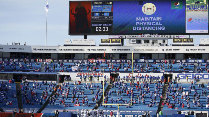 ORCHARD PARK, NEW YORK – JANUARY 09: A view of the scoreboard displaying COVID-19 protocol during the first quarter of an AFC Wild Card playoff game between the Buffalo Bills and the Indianapolis Colts at Bills Stadium on January 09, 2021 in Orchard Park, New York. (Photo by Bryan Bennett/Getty Images)