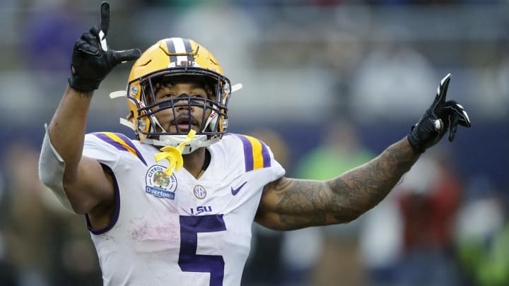 ORLANDO, FL – JANUARY 01: Derrius Guice #5 of the LSU Tigers reacts after a two-yard reception for touchdown against the Notre Dame Fighting Irish in the fourth quarter of the Citrus Bowl on January 1, 2018 in Orlando, Florida. Notre Dame won 21-17. (Photo by Joe Robbins/Getty Images)